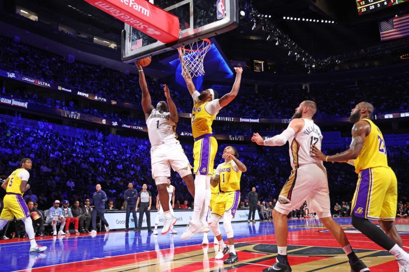 LAS VEGAS, NV - DECEMBER 7: Zion Williamson #1 of the New Orleans Pelicans drives to the basket during the game against the Los Angeles Lakers during the semifinals of the In-Season Tournament on December 7, 2023 at T-Mobile Arena in Las Vegas, Nevada. NOTE TO USER: User expressly acknowledges and agrees that, by downloading and or using this photograph, User is consenting to the terms and conditions of the Getty Images License Agreement. Mandatory Copyright Notice: Copyright 2023 NBAE (Photo by Jeff Haynes/NBAE via Getty Images)