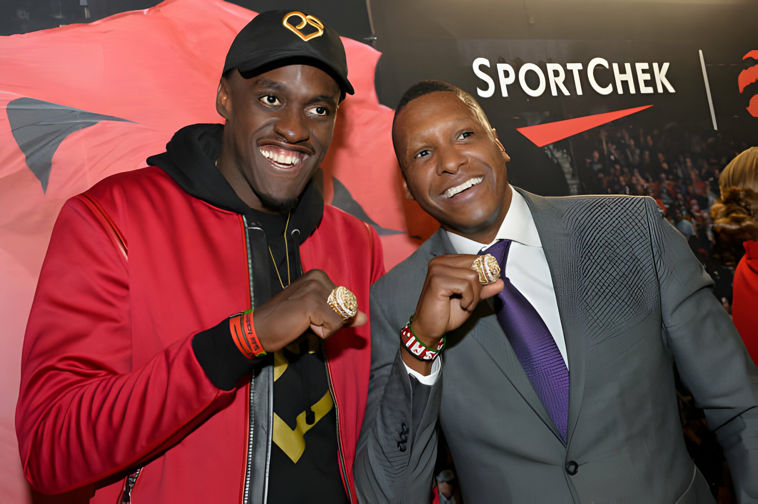 TORONTO, CANADA - OCTOBER 22: President Masai Ujiri, and Pascal Siakam #43 of the Toronto Raptors pose for a photo with their Championship Ring after the game against the New Orleans Pelicans on October 22, 2019 at the Scotiabank Arena in Toronto, Ontario, Canada. NOTE TO USER: User expressly acknowledges and agrees that, by downloading and or using this Photograph, user is consenting to the terms and conditions of the Getty Images License Agreement. Mandatory Copyright Notice: Copyright 2019 NBAE (Photo by David Dow/NBAE via Getty Images)