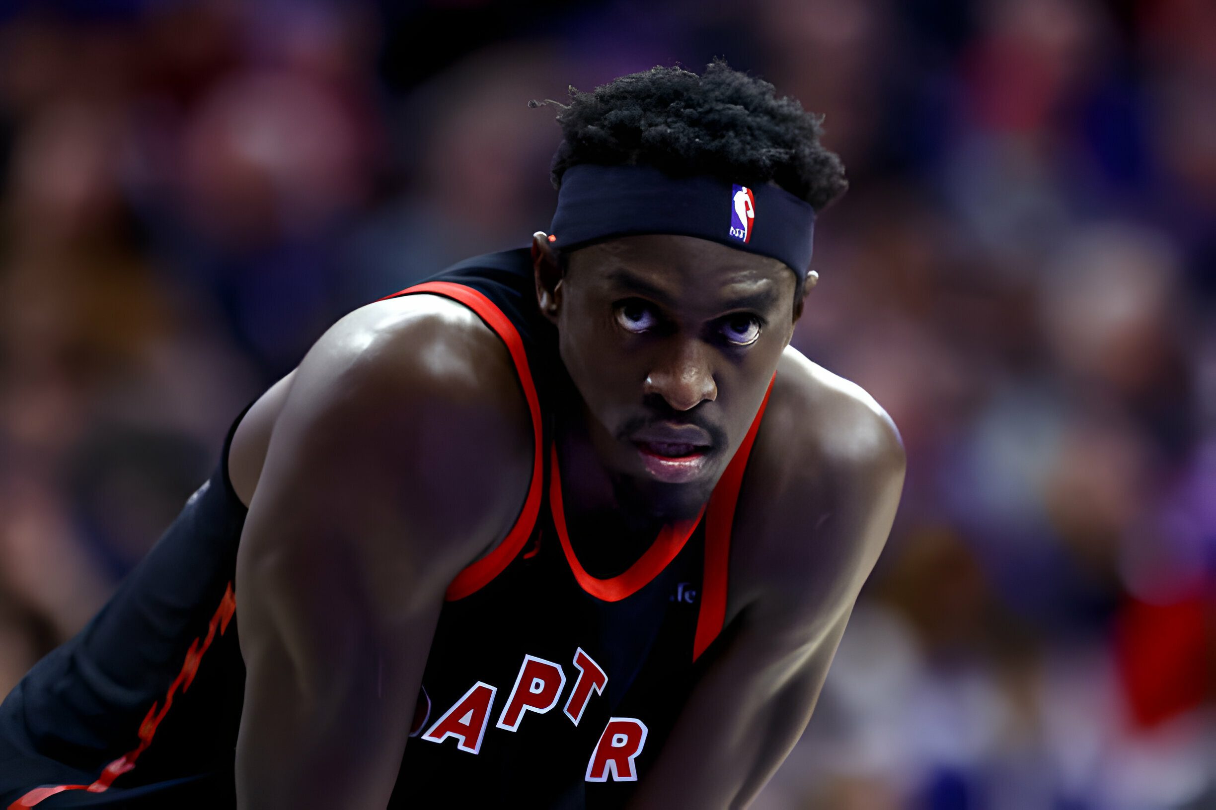 PHILADELPHIA, PENNSYLVANIA - DECEMBER 22: Pascal Siakam #43 of the Toronto Raptors looks on during the second quarter against the Philadelphia 76ersat the Wells Fargo Center on December 22, 2023 in Philadelphia, Pennsylvania. NOTE TO USER: User expressly acknowledges and agrees that, by downloading and or using this photograph, User is consenting to the terms and conditions of the Getty Images License Agreement. (Photo by Tim Nwachukwu/Getty Images)