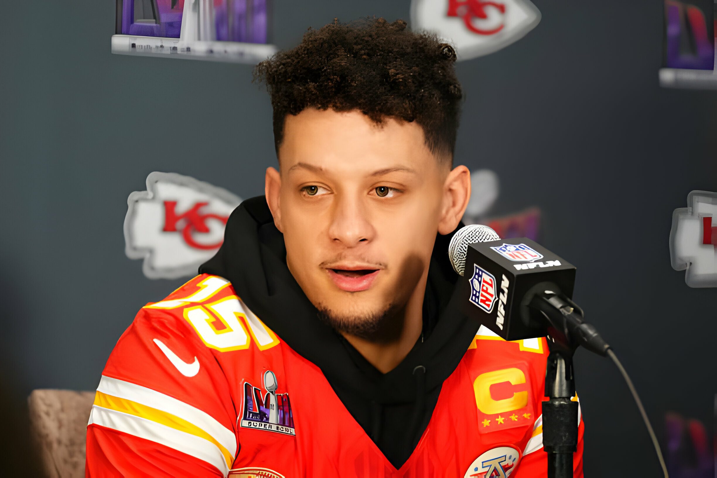 HENDERSON, NEVADA - FEBRUARY 06: Patrick Mahomes of the Kansas City Chiefs speaks to the media during Kansas City Chiefs media availability ahead of Super Bowl LVIII at Westin Lake Las Vegas Resort and Spa on February 06, 2024 in Henderson, Nevada. (Photo by Chris Unger/Getty Images)