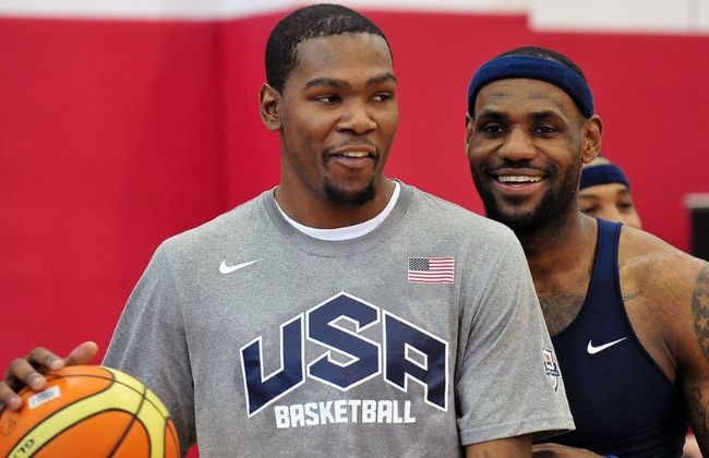 July 7, 2012; Las Vegas, NV, USA; Team USA guard Kevin Durant (left) and forward LeBron James during practice at the UNLV Mendenhall Center. Mandatory Credit: Gary A. Vasquez-US PRESSWIRE