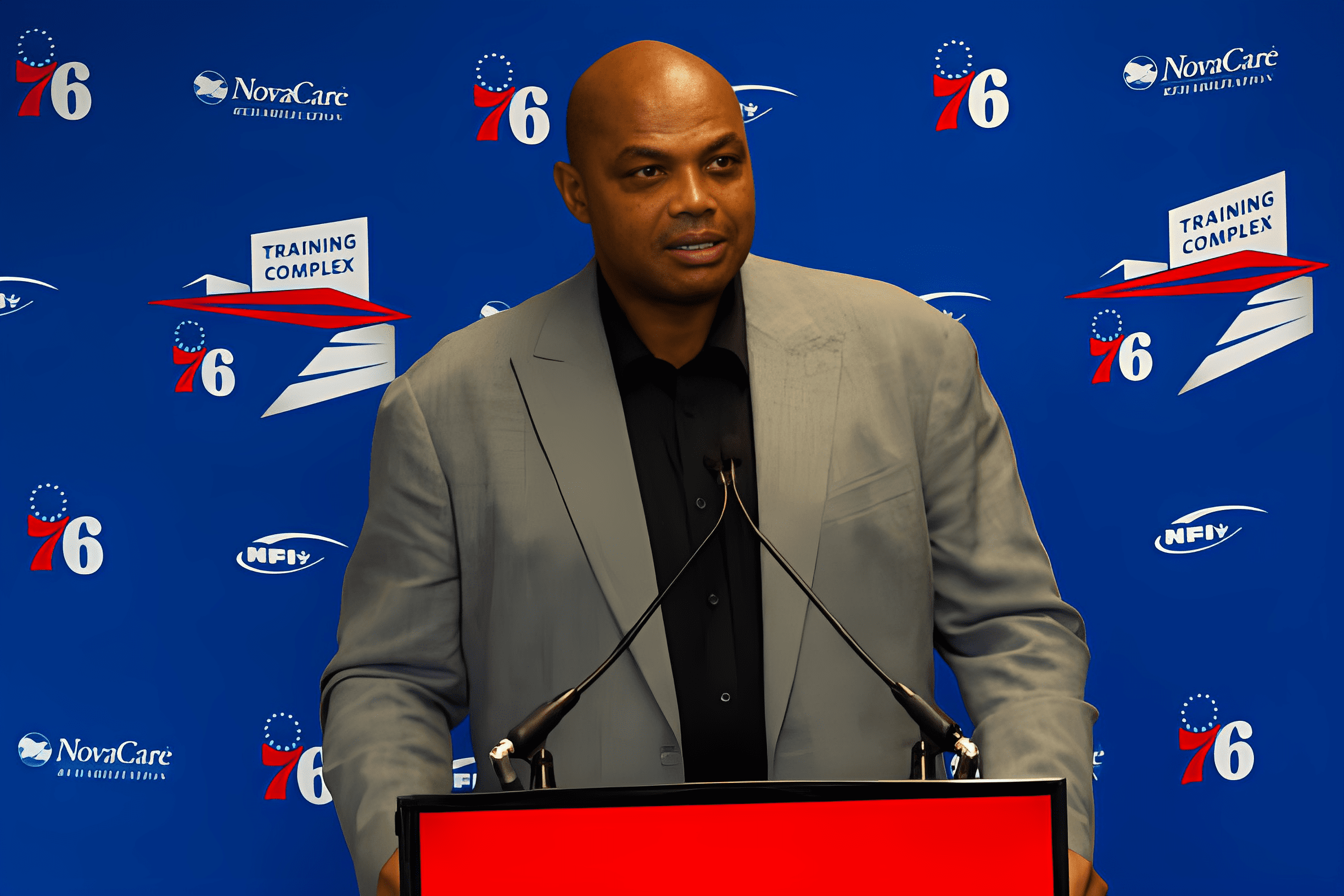 CAMDEN, NJ - SEPTEMBER 13: Charles Barkley speaks at the podium prior to his sculpture being unveiled at the Philadelphia 76ers training facility on September 13, 2019 in Camden, New Jersey. (Photo by Mitchell Leff/Getty Images)