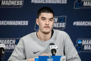 Mar 21, 2024; Indianapolis, IN, USA; Purdue Boilermakers center Zach Edey (15) talks to the media during the practice day at Gainbridge FieldHouse. Mandatory Credit: Trevor Ruszkowski-USA TODAY Sports