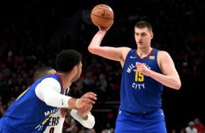 PORTLAND, OREGON - MAY 03: Nikola Jokic #15 of the Denver Nuggets looks to pass the ball during the second half of game three of the Western Conference Semifinals against the Portland Trail Blazers at Moda Center on May 03, 2019 in Portland, Oregon. The Blazers won 140-137 in 4 overtimes. NOTE TO USER: User expressly acknowledges and agrees that, by downloading and or using this photograph, User is consenting to the terms and conditions of the Getty Images License Agreement. (Photo by Steve Dykes/Getty Images)