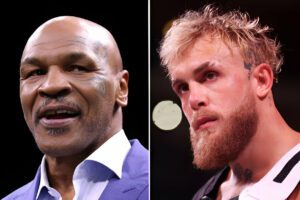 FILE PHOTO (EDITOR'S NOTE: COMPOSITE OF IMAGES - Image numbers 1469806982 and 1437611311) In this composite image a comparison between Former Boxer Mike Tyson (L) and Jake Paul (R). Tyson and Paul face in July 2024 exhibition fight. ***LEFT IMAGE*** RIYADH, SAUDI ARABIA - FEBRUARY 26: Former Boxer Mike Tyson looks on prior to the Cruiserweight Title fight between Jake Paul and Tommy Fury at the Diriyah Arena on February 26, 2023 in Riyadh, Saudi Arabia. (Photo by Francois Nel/Getty Images) ***RIGHT IMAGE*** GLENDALE, ARIZONA - OCTOBER 29: Jake Paul takes the ring for his cruiserweight bout against Anderson Silva of Brazil at Desert Diamond Arena on October 29, 2022 in Glendale, Arizona. (Photo by Christian Petersen/Getty Images)
