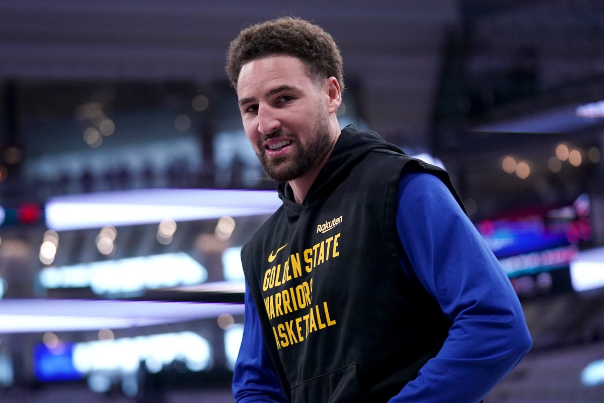 Apr 16, 2024; Sacramento, California, USA; Golden State Warriors guard Klay Thompson (11) warms up before a play-in game against the Sacramento Kings in the 2024 NBA playoffs at the Golden 1 Center. Mandatory Credit: Cary Edmondson-USA TODAY Sports