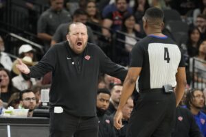 Mar 29, 2024; San Antonio, Texas, USA; New York Knicks head coach Tom Thibodeau argues a call with official Sean Wright (4) during the second half against the San Antonio Spurs at Frost Bank Center. Mandatory Credit: Scott Wachter-USA TODAY Sports