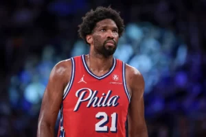 Apr 22, 2024; New York, New York, USA; Philadelphia 76ers center Joel Embiid (21) look up during the second half during game two of the first round for the 2024 NBA playoffs against the New York Knicks at Madison Square Garden. Mandatory Credit: Vincent Carchietta-USA TODAY Sports