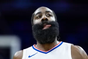 Mar 27, 2024; Philadelphia, Pennsylvania, USA; LA Clippers guard James Harden (1) reacts after his score against the Philadelphia 76ers during the first quarter at Wells Fargo Center. Mandatory Credit: Bill Streicher-USA TODAY Sports