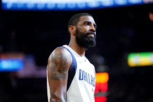 Apr 2, 2024; San Francisco, California, USA; Dallas Mavericks guard Kyrie Irving (11) stands on the court against the Golden State Warriors before the start of the second quarter at the Chase Center. Mandatory Credit: Cary Edmondson-USA TODAY Sports