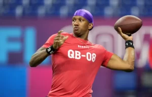 Mar 2, 2024; Indianapolis, IN, USA; Washington quarterback Michael Penix (QB08) during the 2024 NFL Combine at Lucas Oil Stadium. Mandatory Credit: Kirby Lee-USA TODAY Sports